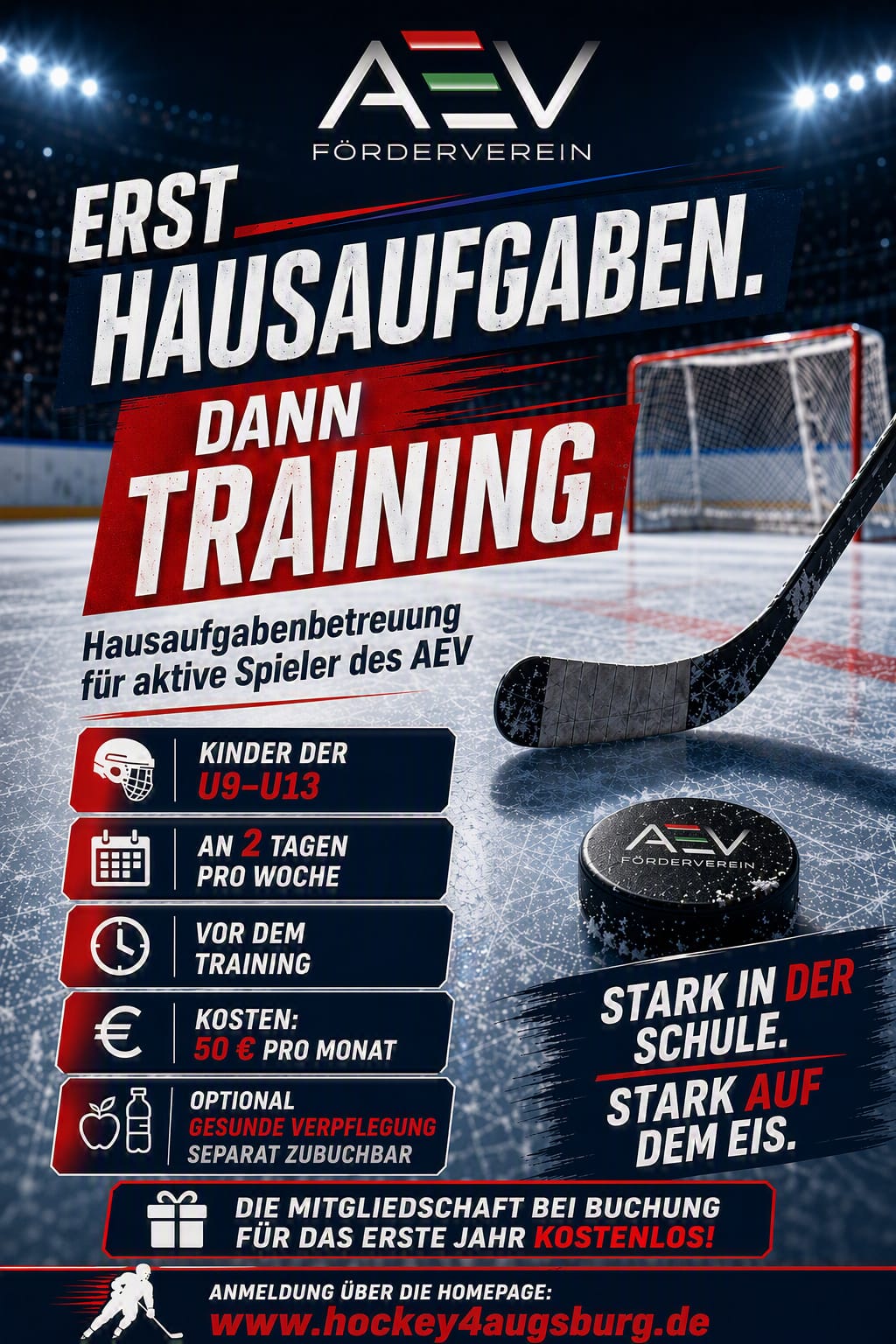 Flyer: Hausaufgabenbetreuung des AEV Fördervereins — Erst Hausaufgaben, dann Training. Für Kinder der U9–U13, an 2 Tagen pro Woche vor dem Training, 50 € pro Monat.